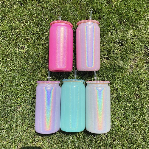 16oz Iridescent Sublimation Glass Tumblers Mason Jar with Rhinestone lid